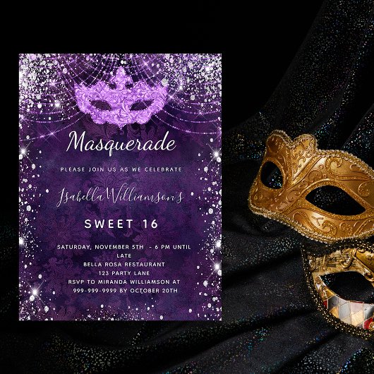 Invitation Mascarade violet argent parties scintillant Sweet 