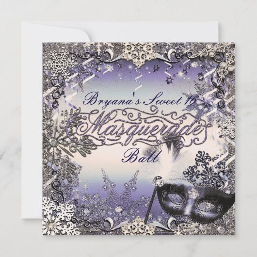 Invitation Mascarade Violet et Argent & Flocons de Neige (Devant)
