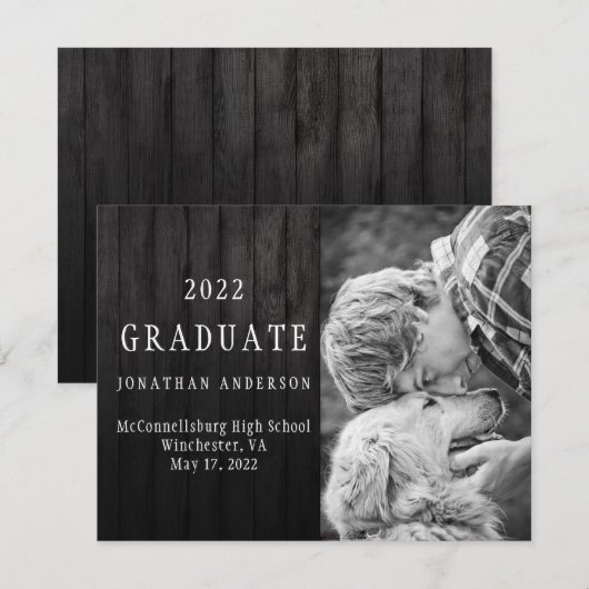Invitation Masculine Black Grange Bois Photo Graduation (Devant / Derrière)