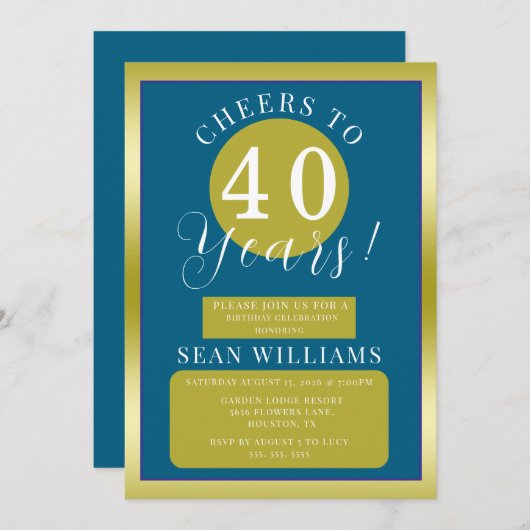 Invitation Masculine bleu et or fête d'anniversaire (Devant / Derrière)