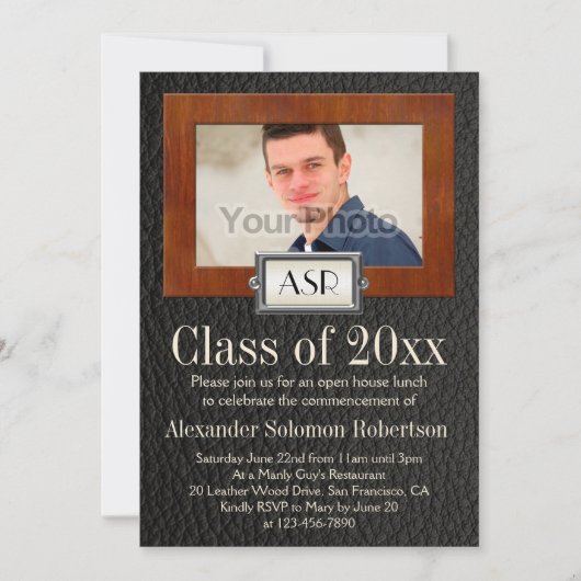 Invitation Masculine Boys Cuir Bois Monogramme Graduation (Devant)