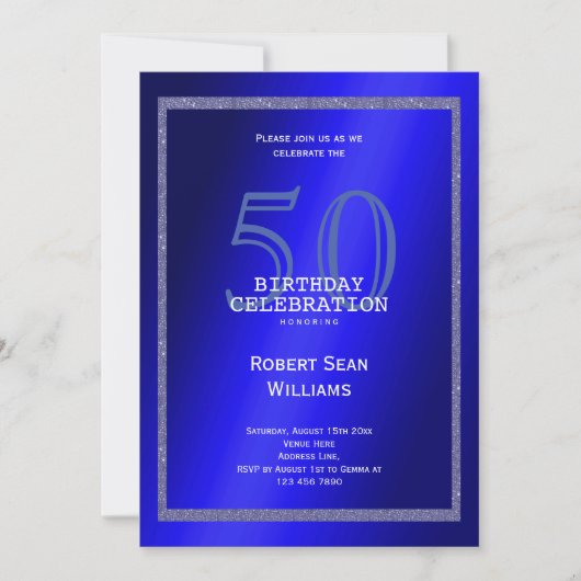 Invitation Masculine Cadre bleu et Parties scintillant 50e an (Devant)