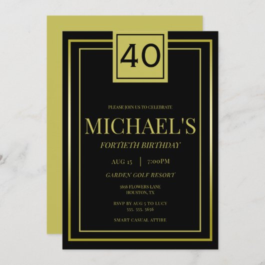 Invitation Masculine moderne Gold & Black 40e anniversaire (Devant / Derrière)