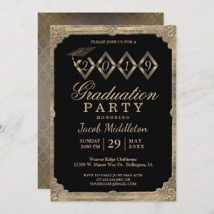 Invitation Masculine Vintage Noir et Or Graduation
