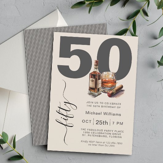 Invitation Masculine Whiskey et Cigars 50e fête d'anniversair