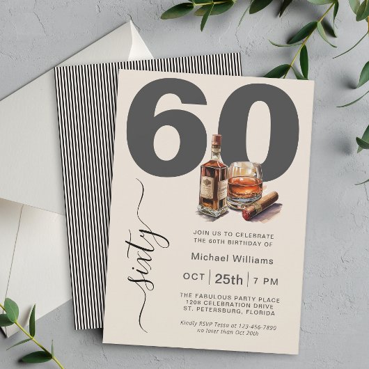 Invitation Masculine Whiskey et Cigars 60e fête d'anniversair