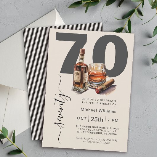 Invitation Masculine Whiskey et Cigars 70e fête d'anniversair