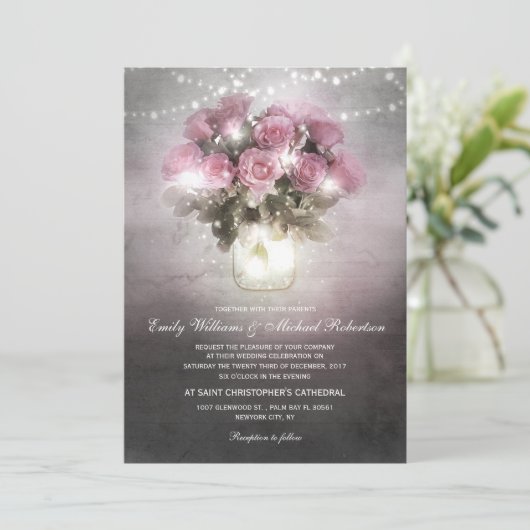 Invitation Mason bocal avec mariage à cordes roses (Debout devant)