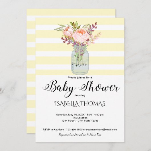 Invitation Mason Fleurs Jar Baby shower rayures Jaunes (Devant / Derrière)