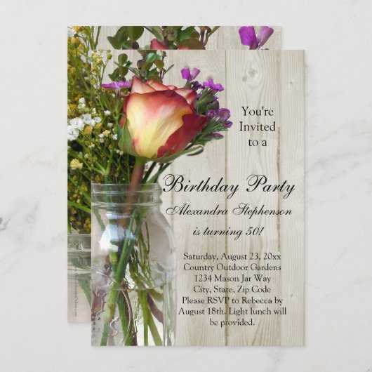 Invitation Mason Jar avec Rose/Fleur sauvage fête d'anniversa (Devant / Derrière)