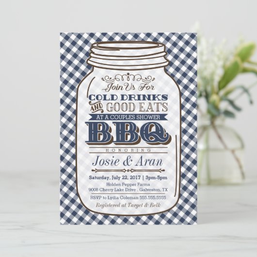 Invitation Mason Jar BBQ, Couples Douche Marine Bl (Debout devant)