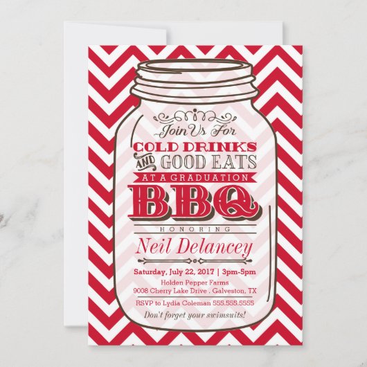 Invitation Mason Jar BBQ Graduation Invitation, Chevron Red (Devant)