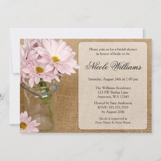 Invitation Mason Jar Burlap Fête de l'mariée de marais mauves (Devant)
