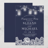 Invitation Mason Jar Chaîne Lumières Dentelle Marine (Devant / Derrière)