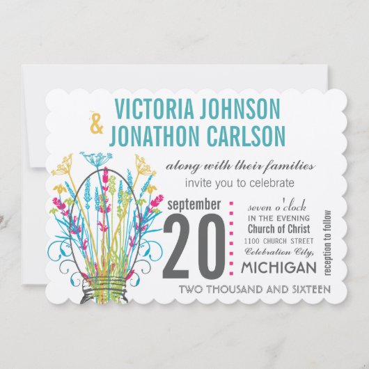 Invitation Mason Jar Coral Jaune Lime Jaune Floral Mariage (Devant)