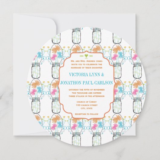 Invitation Mason Jar Coral rose Lime Aqua Mariage Floral (Devant)