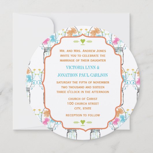 Invitation Mason Jar Coral rose Turquoise Floral Mariage (Devant)