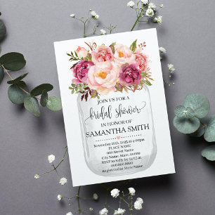 Invitation Mason jar douche nuptiale Pink floral country chic