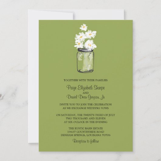 Invitation Mason Jar et White Daisies | Mariage vert (Devant)