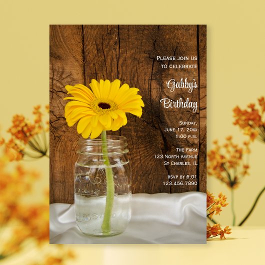 Invitation Mason Jar et Yellow Daisy Barn Anniversaire Party