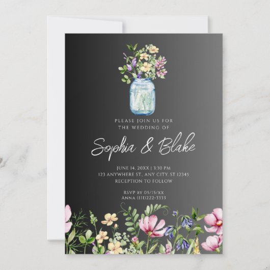 Invitation Mason Jar Fleur sauvage Russe Pays Mariage noir (Devant)