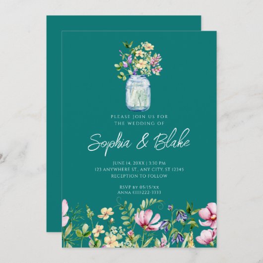 Invitation Mason Jar Fleur sauvage Russe Pays Mariage vert  (Devant / Derrière)