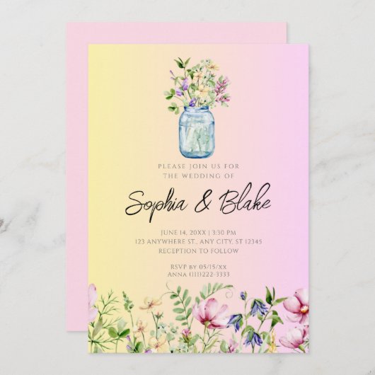 Invitation Mason Jar Fleur sauvage Rustique Ombre Mariage ros (Devant / Derrière)