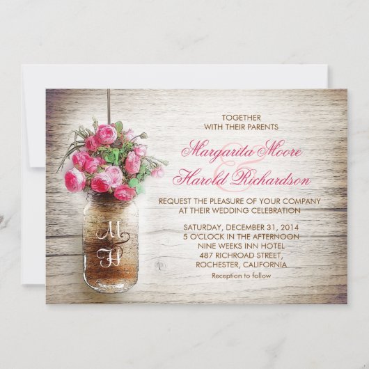 Invitation Mason jar & fleurs rose foncé mariage invite (Devant)