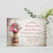 Invitation Mason jar & fleurs rose foncé mariage invite (Debout devant)