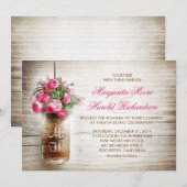 Invitation Mason jar & fleurs rose foncé mariage invite (Devant / Derrière)