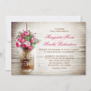 Invitation Mason jar & fleurs rose foncé mariage invite