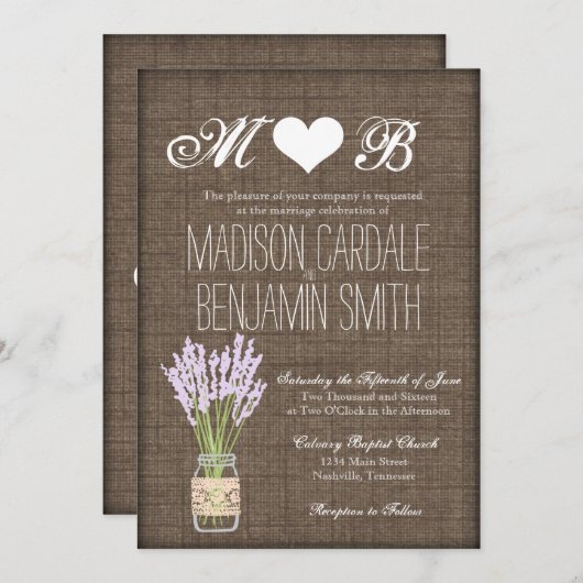 Invitation Mason Jar Lavender Rustic Burlap Wedding Invite (Devant / Derrière)