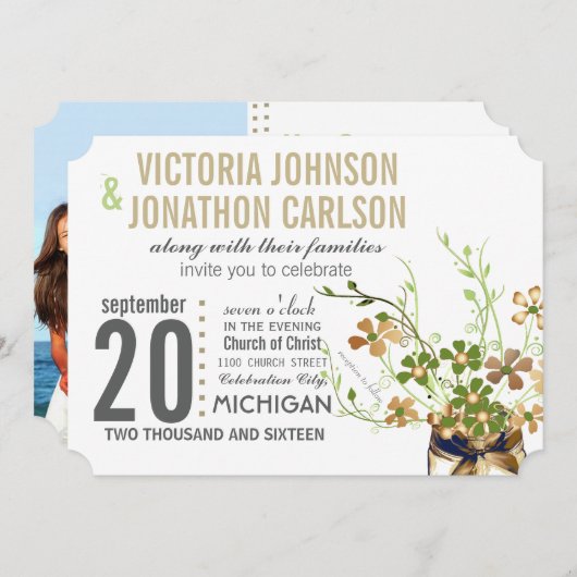 Invitation Mason Jar moderne bronze et vert Mariage floral (Devant / Derrière)