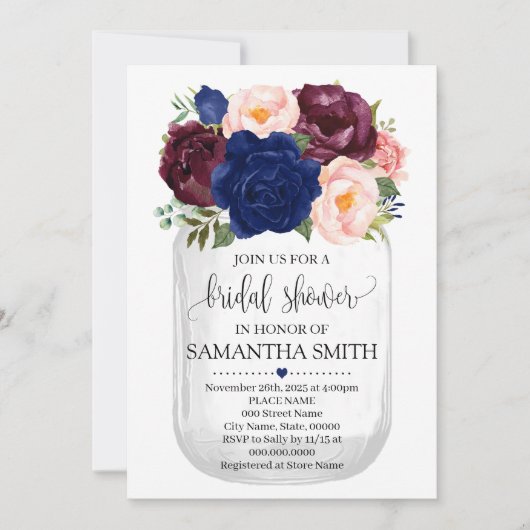 Invitation Mason jar nuptiale douche marine floral pays chic (Devant)