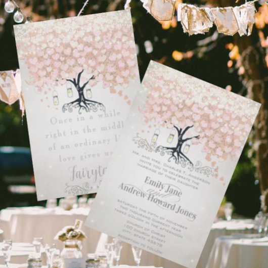 Invitation Mason Jar Pale Pink Heart Leaf Tree Wedding