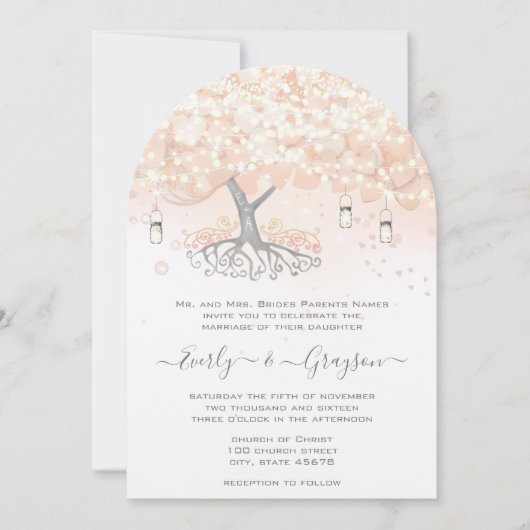 Invitation Mason Jar Peachy Pink Heart Leaf Tree Mariage (Devant)