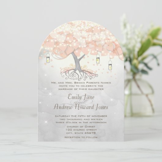 Invitation Mason Jar Peachy Pink Heart Leaf Tree Mariage (Debout devant)