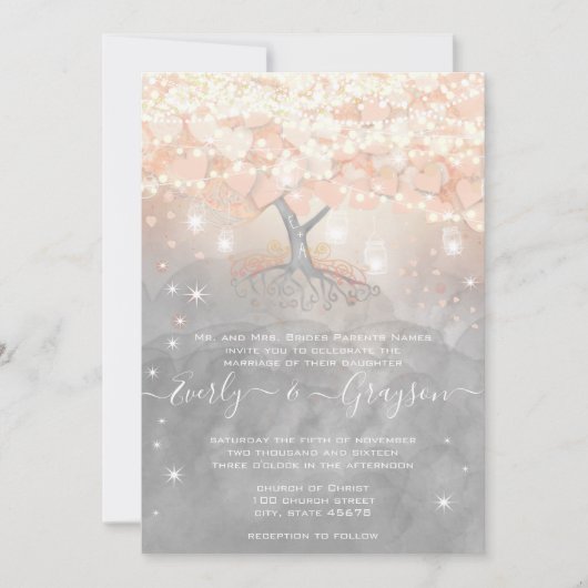 Invitation Mason Jar Peachy Pink Heart Leaf Tree Mariage dans (Devant)