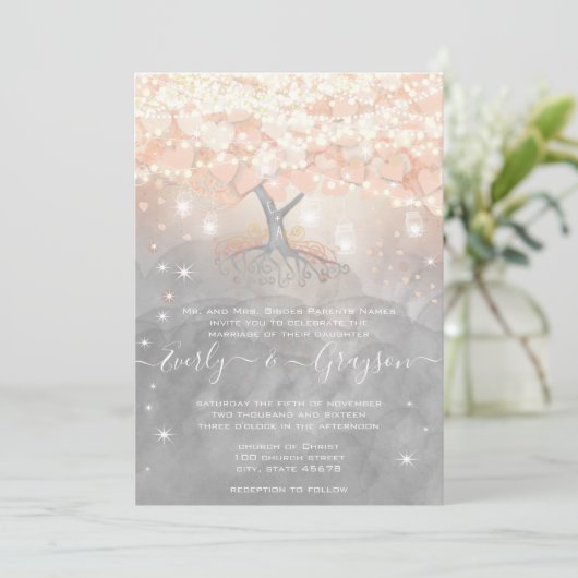 Invitation Mason Jar Peachy Pink Heart Leaf Tree Mariage dans (Debout devant)