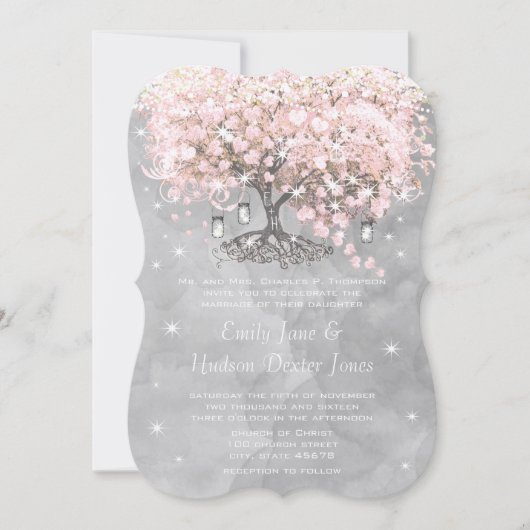 Invitation Mason Jar Pink Heart Leaf Tree sur l'aquarelle gri (Devant)