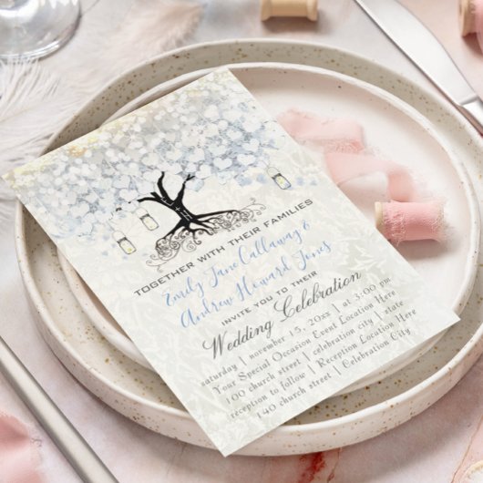 Invitation Mason Jar Poudre Bleu Coeur Feuille Arbre Damas