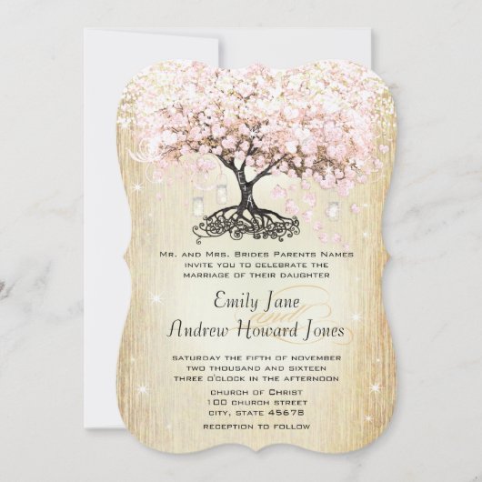 Invitation Mason Jar Rose Rose Or Coeur Leaf Arbre (Devant)