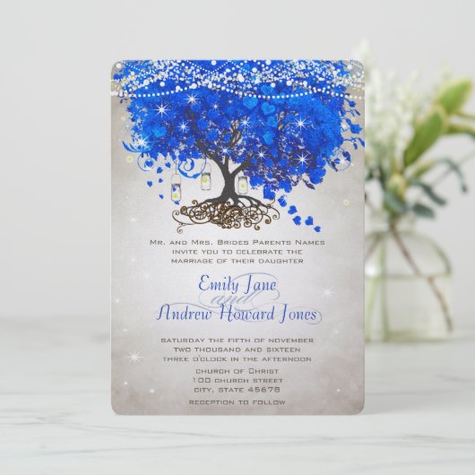 Invitation Mason Jar Royal Blue Heart Leaf Tree Mariage (Debout devant)