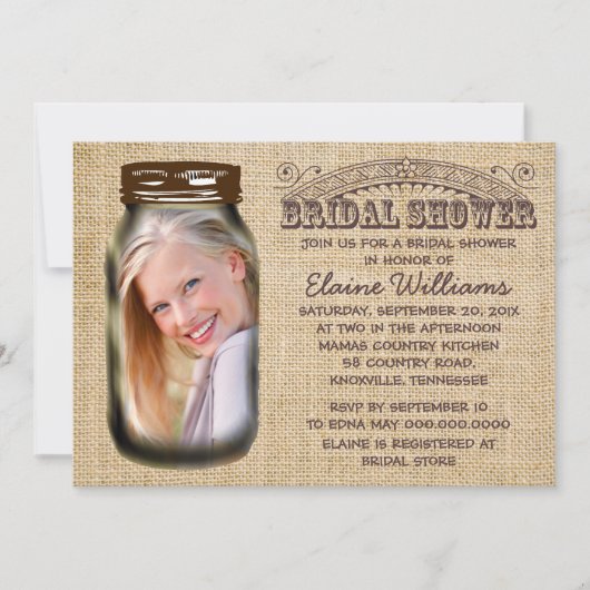 Invitation Mason Jar Rustic Burlap Fête des mariées (Devant)
