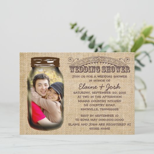 Invitation Mason Jar Rustic Burlap Wedding shower (Debout devant)