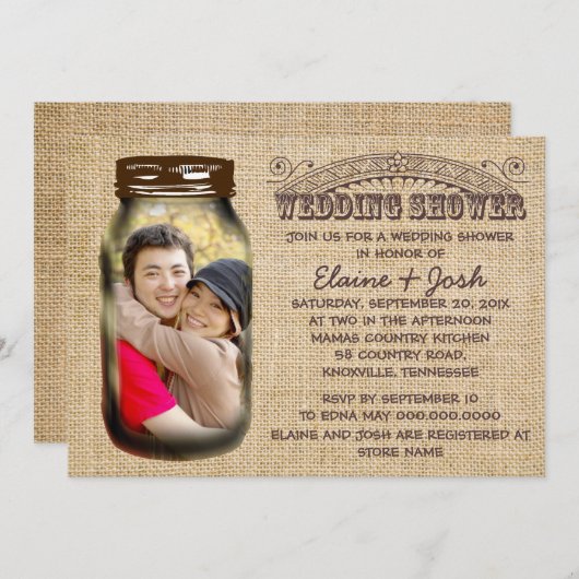 Invitation Mason Jar Rustic Burlap Wedding shower (Devant / Derrière)
