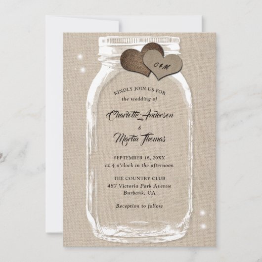 Invitation Mason Jar Rustic Country Mariage Burlap (Devant)