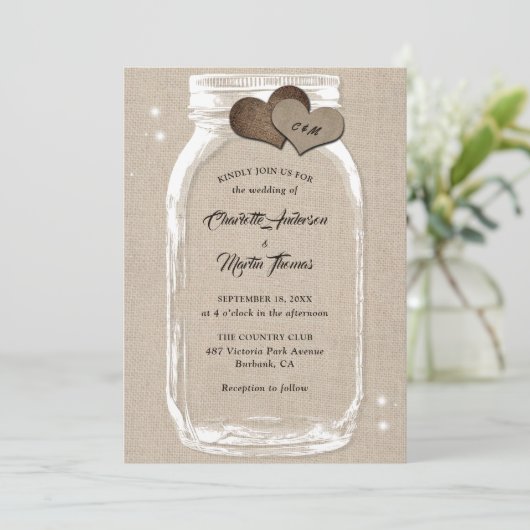Invitation Mason Jar Rustic Country Mariage Burlap (Debout devant)