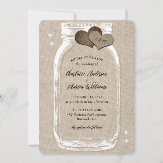 Invitation Mason Jar Rustic Country Mariage Burlap (Devant)