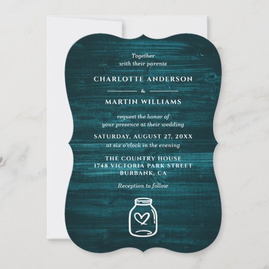 Invitation Mason Jar Rustic Country Mariage en bois Turquoise (Devant)